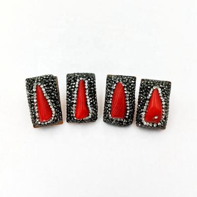 China Coral Earrings Natural Polished Red Coral Stud Earrings Rectangle Stud Paved Rhinestone Crystal Gold Plated Jewelry Set for sale