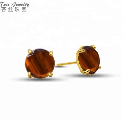 China Trendy Style Jewelry Natural Popular Simple Round Shape Faceted Red Tiger's Eye Gemstone Mens Earrings Head Ear Stud for sale