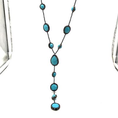 China Hot Sell Crystal Long Turquoise Necklace Stone Bead Pave Crystal Diamond Long Tassel Necklaces for sale