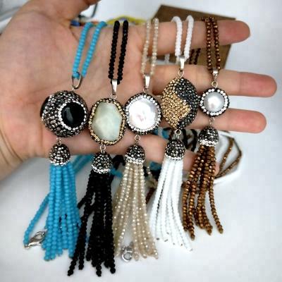 China Fashion natural stone boho tassel necklace natural crystal jewelry stone bead pave tassel pendant beaded necklaces for sale