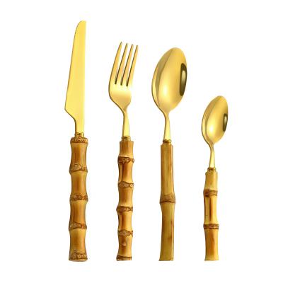 China Sustainable Sustainable Gold Spoon Fork Set Silverware Flatware Wholesale Real Bamboo Handle Cutlery Set Stainless Steel for sale