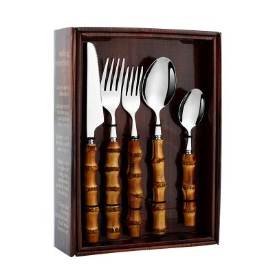 China Sustainable Silverware Stainless Steel Gold 24pcs Flatware Set Natural Bamboo Handle Cutlery Set for sale