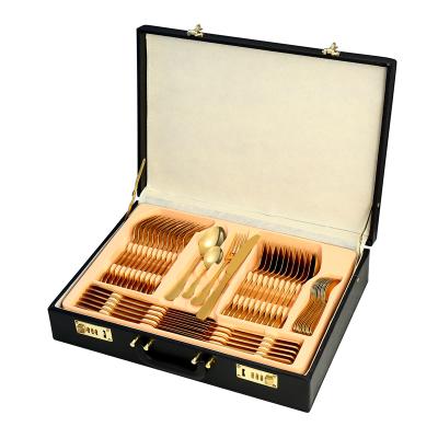 China Viable Factory Wholesale Stainless Spoon And Fork Gold Stainless Cutlery Set Flatware Set Sliverware 48pcs Cutlery Set With Wooden Box for sale