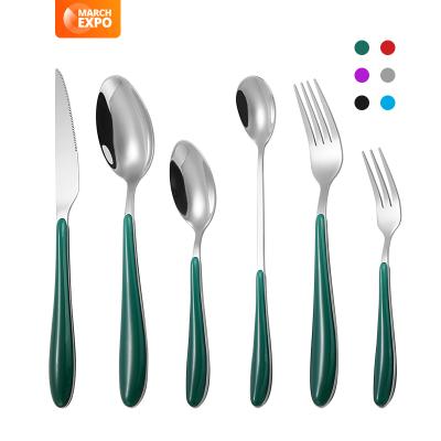 China New Customized Popular Durable Stainless Steel Mirror Handle Flatware Polish Clip 6 Colors ABS Plastic Cutlery Set With Plastic Handle for sale