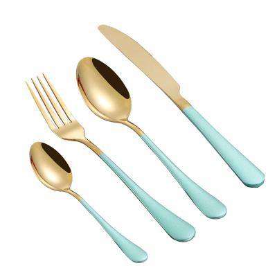 China Wholesale Reusable Sustainable Mint Green Flatware Set Luxury Stainless Steel Spoon Fork Knife Set Gold Plated Cutlery for sale