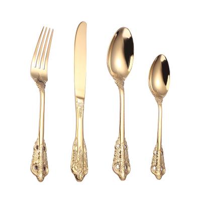 China Vintage 304 Stainless Steel Knife Fork Spoon Gold Wedding Viable Royal Cutlery Set Luxury High Quality for sale