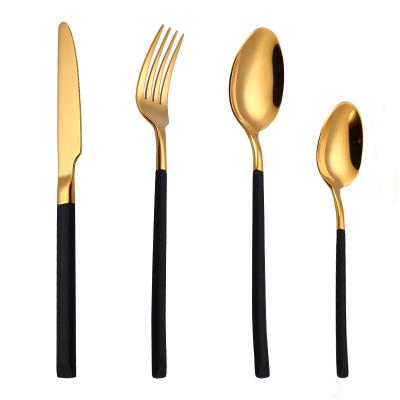 China Sleek Stainless Steel Gold Sleek Black Handle Elegent Flatware , Wedding Events Cutlery Set for sale