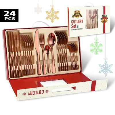 China Hot Selling Wedding Party 24 Pcs Luxury Fashion Merry Christmas Hot Sale Reusable Flatware Stainless Steel Cutlery Set With Gift Box for sale