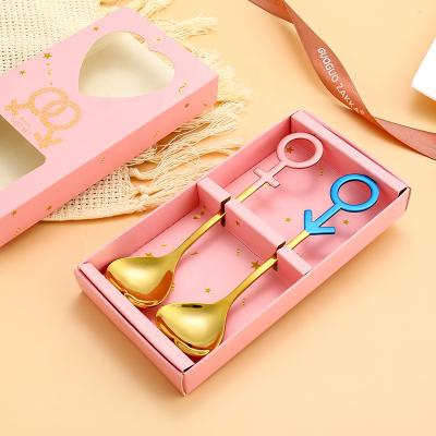 China Cute Viable Couples Spoon 2pcs Gold Stainless Blue Stainless Spoons Set Heart Spoon Set With Gift Box For Wedding for sale