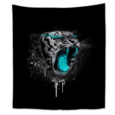 China Wild and Angry King Printed Custom Simple Roar Tapestry Wall Hanging of Tiger Portrait Blue Brave Mammal for Bedroom for sale