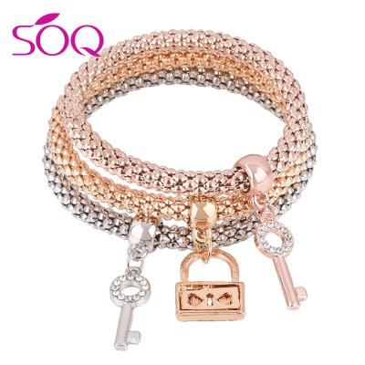 China BOHEMIA Women's Bracelets 3 Pcs Rhinestone Lock Key Pattern Accessory for sale