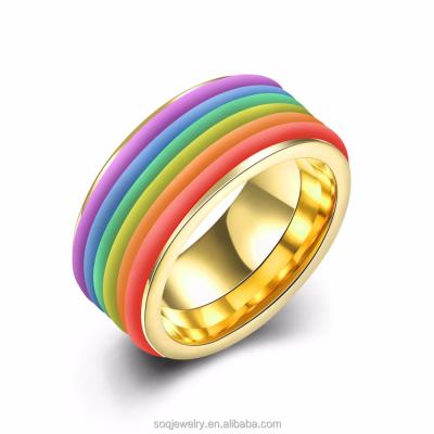 China Stainless Steel Fashion Gay Ring 18K Gold Plated Latest Rainbow Silicone Wedding Ring Rainbow Ring for sale