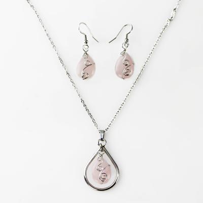 China Romantic Fancy Teardrop Wire Wrapped Silver Rose Quartz Stainless Steel Jewelry Set for sale