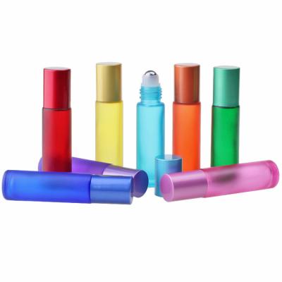 China Personal Care Empty Frosted Rainbow Colors 10ml Roll On Bottle Matte Pink Blue Orange Red Yellow Green Roller Bottle for sale