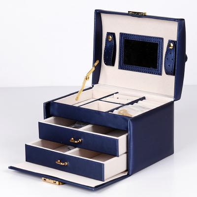 China Fashion Logo Luxury Custom Handmade Velvet PU Leather Jewelry Box Organizer with Mirror Lock Drawer Ring Earring Jewelery Box for sale