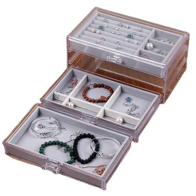 China Fashion Jewelry Box 3 Drawers Velvet Jewelry Organizer Earring Rings Necklaces Acrylic Bracelets Display Case Gift For Women Girls for sale