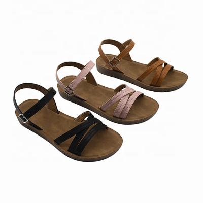 China Fashion Trend OEM Custom Ladies PU Elastic Adjustable Outdoor Non-slip Flat Sandals for sale