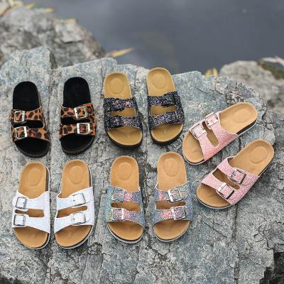 China Fashion Women Latest Design Anti-slippery Outdoor Ladies Flat Rhinestone Colored Sequin Sandals With Fluffy Cork Sole for sale