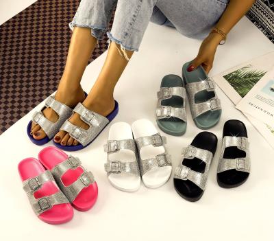 China 2021 Fashion Trend Double Color Buckle Rhinestone Flat Bottom Women's Slippers for sale