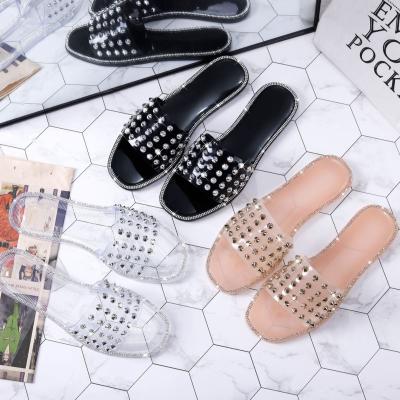 China 2021 Fashion Trend Fashion Jelly Slippers Rhinestone Open Toe Studded Ladies Slippers for sale