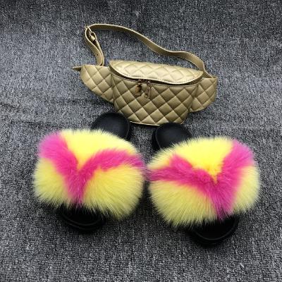 China Diamond-shaped fur and purse new arrival women anti-static colorful belt bag ladies sets luxury fluffy slippers for sale