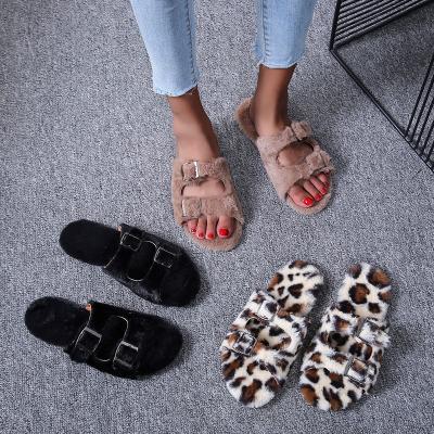 China Fashion Trend Brown 2020 Color Green Color Plush Striping Material Fashion Fur Slippers for sale