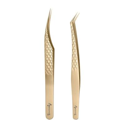 China Dolphin Shape/L Lash Tweezers Set 2-Pcs Stainless Steel Volume Shape Gold Diamond Grip Eyelash Extension Tweezers with PU Case for sale