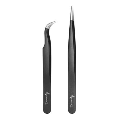 China Stainless Steel Private Label Lash Tweezers Anti-Slip Black Liner Tweezers for Eyelash Extension Pack of 2-Pcs for sale