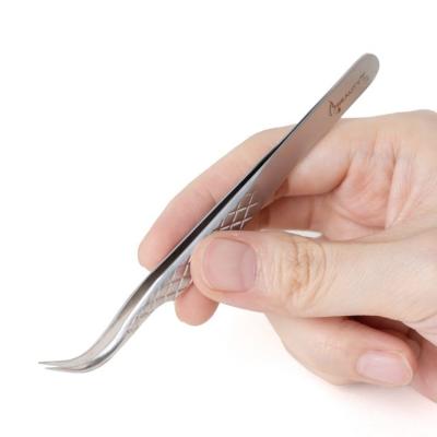 China Custom Stainless Steel Tweezers Silver Diamond Grip Tweezers S Logo Stainless Steel Eyelash Extension Shape PU Case for sale