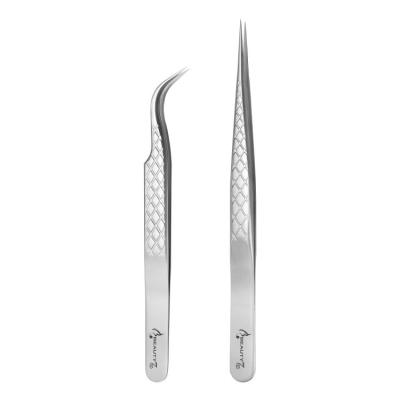 China Lash Tweezers 2 Pcs Silver Stainless Steel Eyelash Pack Diamond Grip Eyelash Extension Tweezers With PU Case for sale