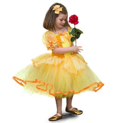 China Short Sleeve Princess Belle Ball Gown for Girls Yellow Pageant Pleat Dress Lace Party Dresses Kids Beauty and the Beast Cosplay Costume for sale