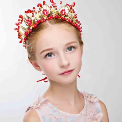 China Red Gold Pearls Hair Band Headpiece Accessories Bridal Headpiece Tiara Bridal Headpieces Leaf Tiara Children Pageant Crowns With Ribbon Hair Accessories Baroque Floral Wedding for sale