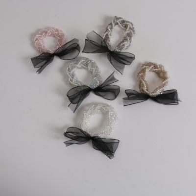 China Korean simple bow tie crystal pearl hair rope black organza pearl hair rope temperament crystal main rope new for sale