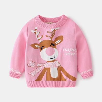 China New Girls Cartoon Christmas Deer Anti-Shrink Jacquard Plus Velvet Warm Knitted Sweater for sale