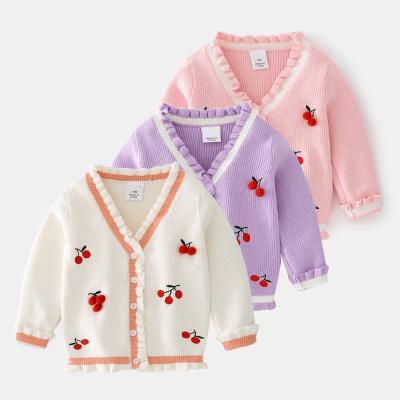 China New 2021 children's clothing autumn girl's sweater thick children's line anti-shrink knit sweater cherry cardigan cute girl for sale