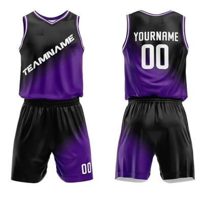 China Custom Sublimated Purple And Yellow Basketball Uniform Color Antibacterial Purple Basketball Uniforms for sale