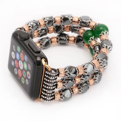 China Agate and Jade Jewelry Beaded Watch Band Replacement Strap 38mm/42mm Durable Elastic Stretch Black with Adapter for Apple Watch Band for sale