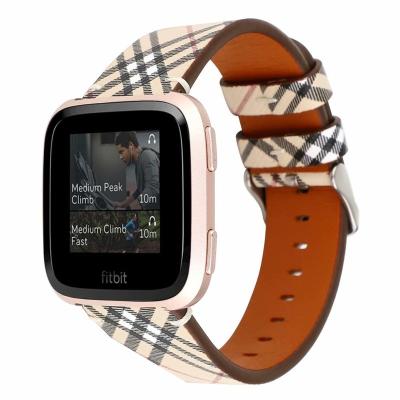 China Durable Lattice Pattern Plaid Leather Watch Band For Fitbit Versa Replacement Wrist Bands Leather Trim For Fitbit Versa Fitbit Strap for sale