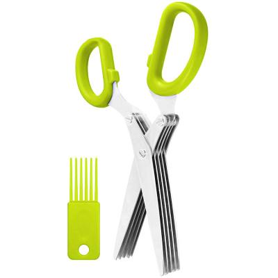 China Herb Scissors Multipurpose Kitchen Shear Universal Cutting Cutter with 5 Stainless Steel Blades and Cleaning Comb for sale