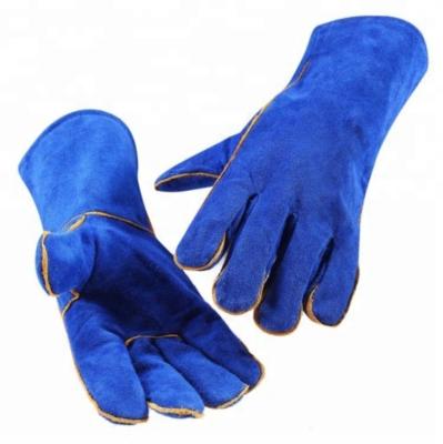 China 18 Inch CAT MIG Breathable Blue Cow Split Leather Work Welding Glove for sale