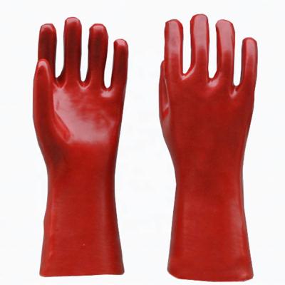 China Waterproof Oil Industry Alkali Anti Acid Petroleum And Acid Work Chemical Resistant Safety Red PVC Dipped Gloves With Long Sleeve Cotton Interlock for sale