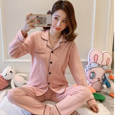 China Spring and autumn women's QUICK DRY pajamas, cotton knitted long-sleeved pants, v-neck two-piece pajamas for sale