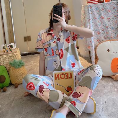 China QUICK DRY Summer Sleepwear Women Turn-Down Collar Cartoon Printed Polyester Shorts Sleeve Homewear Sleep Wear Pajamas for sale