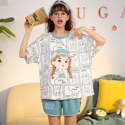 China 2021 QUICK DRY New 2 Piece Cartoon Little Girl Sleepwear Summer Cotton Women's Short Sleeve Homewear Cotton Pajamas for sale