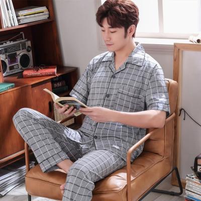 China QUICK DRY Summer Men's Short Wrap Pants Pajamas Cardigan Plus Size Mens Pajamas Knit Cotton Plaid Summer Casual Suit for sale