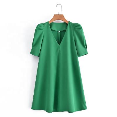 China 2022 Logo Label Ladies Summer Casual V-Neckline Office Green Mini Dress For Women Loose Wear Custom Made Solid Color Anti-Static Free for sale