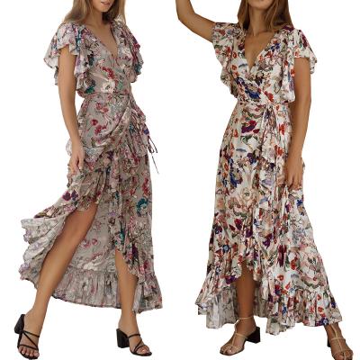 China Ladies Women's Maxi Wrap Rayon Dresses Breathable 2022 Print Maxi Floral Ruffle Women Casual Dresses Plus Size Bohemian Dress For Woman for sale