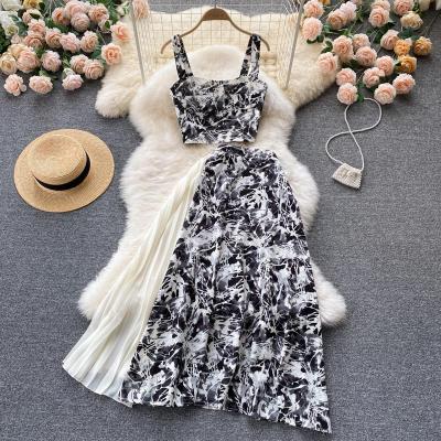 China 2022 Custom Made QUICK DRY Summer 2pc Skirt Set Women Floral Pleated Skirts Faldas Para Mujeres Maxi Skirt Set Two Piece for sale