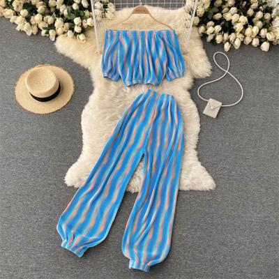 China 2022 Summer QUICK DRY Bohemian Striped Print Two Piece Suit Woman Ladies Set 2 Piece Loose Pants Set Outfits For Women for sale