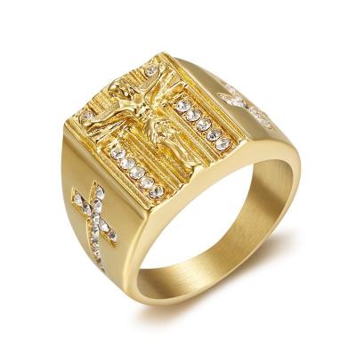 China Religious New Products Casting Stainless Steel Full Diamond Gold Plated Jesus Ring for sale